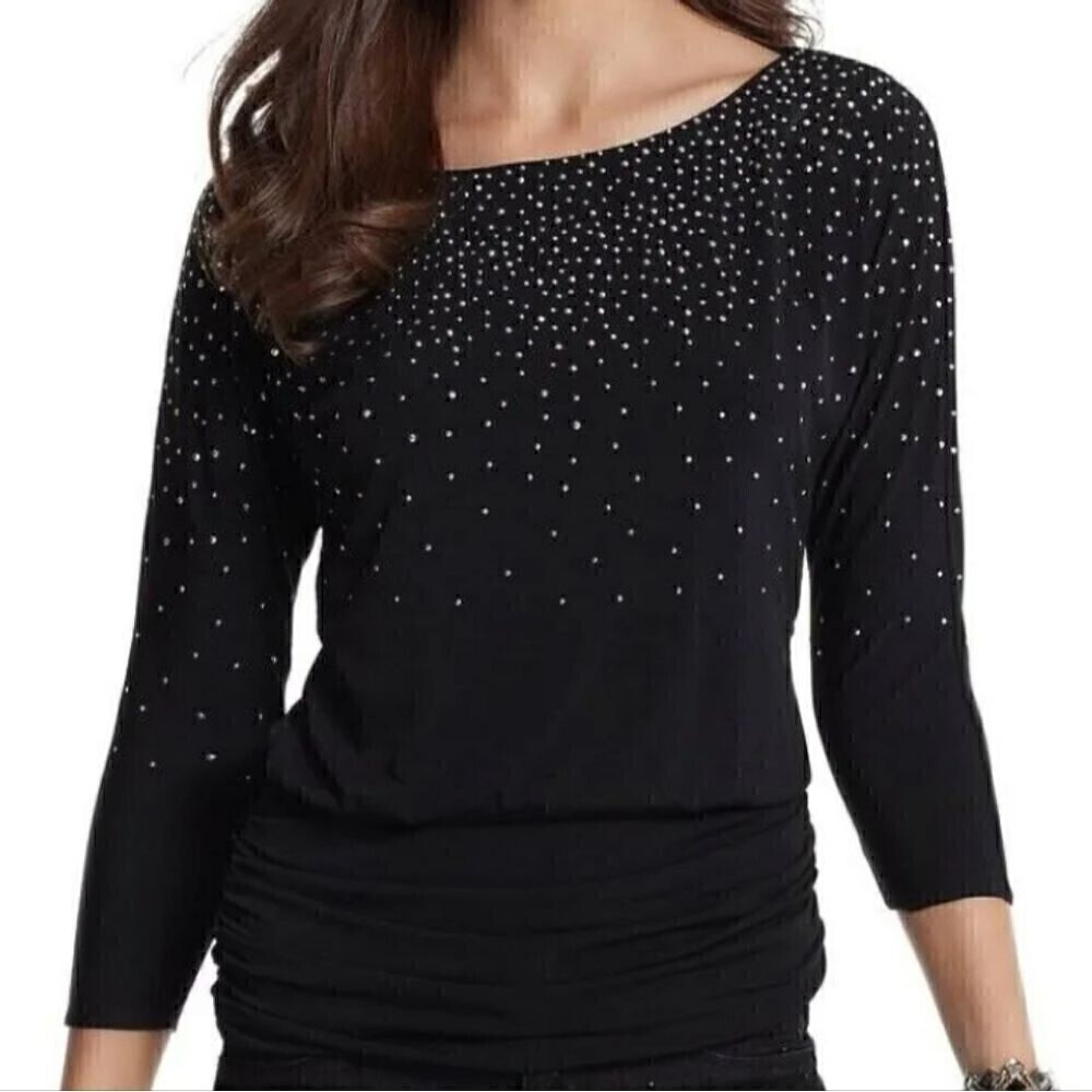 White House Black Market Silver Studded 3/4 Sleeve Dolman Sleeve Black Knit Top